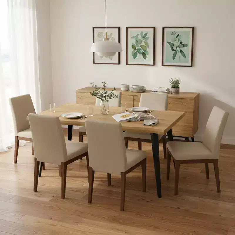 Table à manger rectangulaire de 63 po pour 6 personnes, style bois moderne avec pieds en métal noir