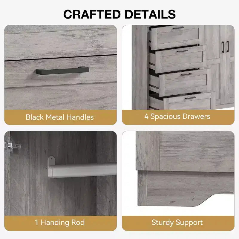 Commode en bois de 43,3 H avec placard de rangement, armoire de penderie avec 4 tiroirs et 2 portes