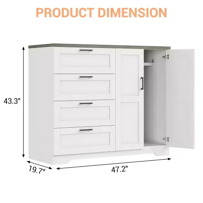 Commode en bois de 43,3 H avec placard de rangement, armoire de penderie avec 4 tiroirs et 2 portes