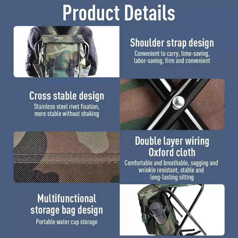Chaise sac à dos pliable portable pour l'alpinisme et la pêche, tabouret en tissu Oxford charge max 100 kg pour le camping, la randonnée et les voyages