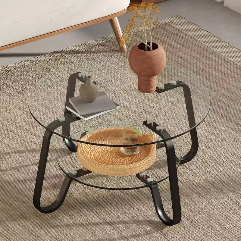 Table basse rétro minimaliste à cadre métallique avec double plateau en verre trempé, dimensions 80 x 80 x 45 cm