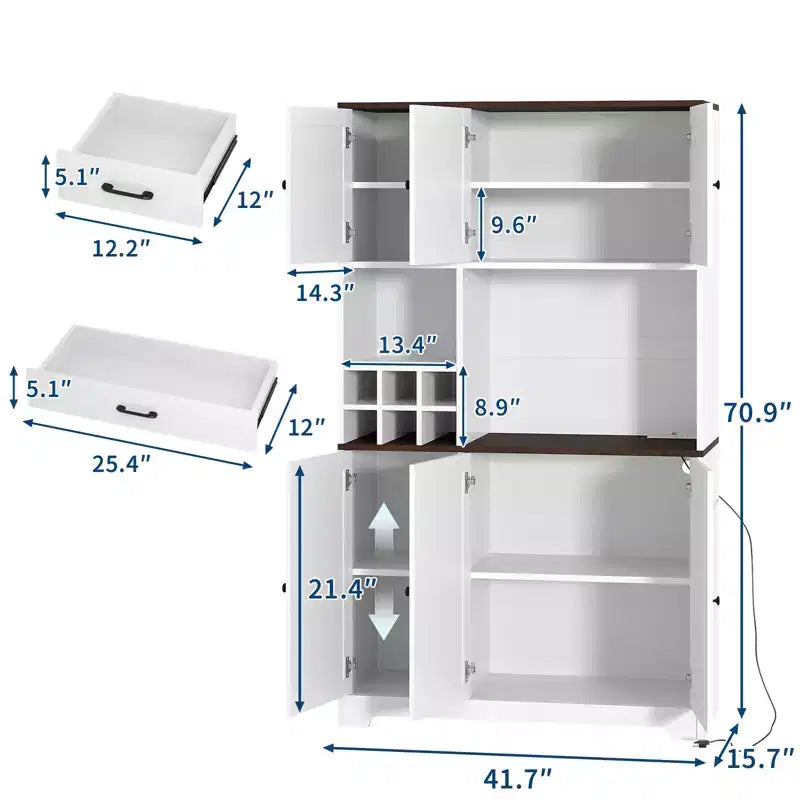 Armoire de cuisine blanche de 180 cm de haut, meuble de rangement de cuisine moderne style ferme, bar à café autoportant avec rangement