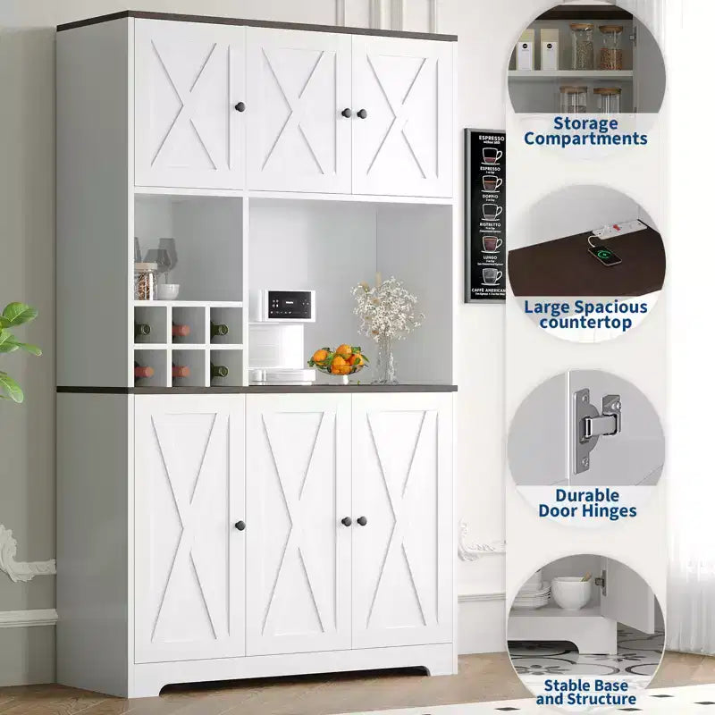 Armoire de cuisine blanche de 180 cm de haut, meuble de rangement de cuisine moderne style ferme, bar à café autoportant avec rangement
