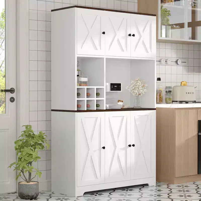Armoire de cuisine blanche de 180 cm de haut, meuble de rangement de cuisine moderne style ferme, bar à café autoportant avec rangement