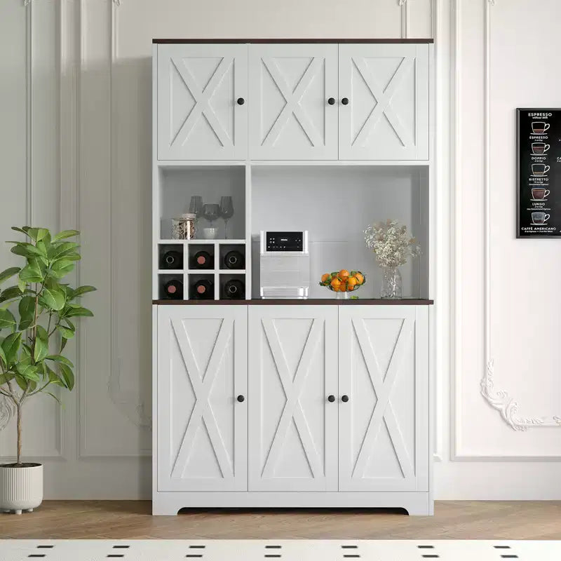 Armoire de cuisine blanche de 180 cm de haut, meuble de rangement de cuisine moderne style ferme, bar à café autoportant avec rangement