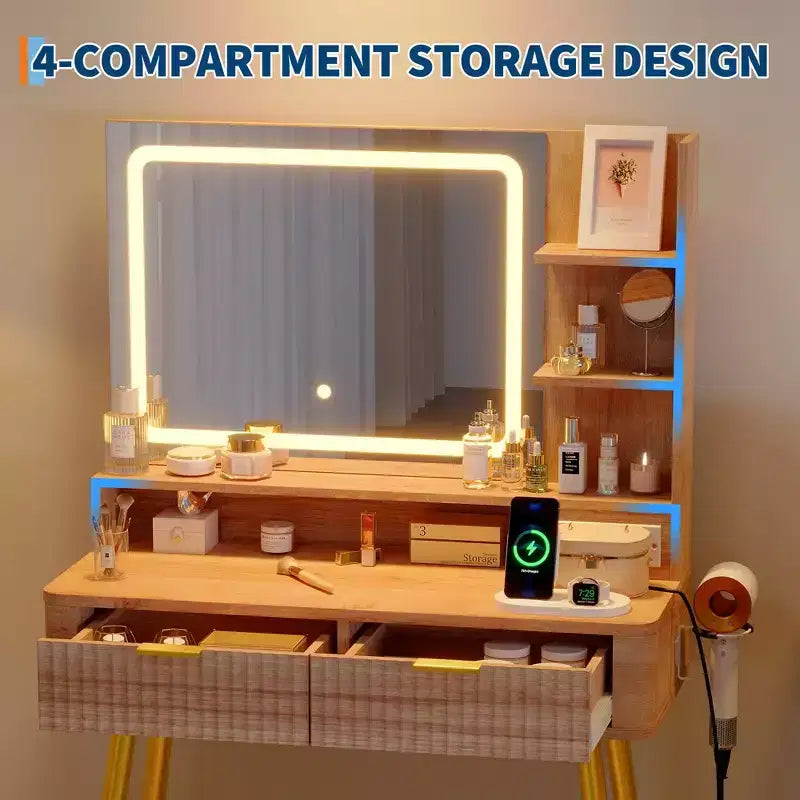 Coiffeuse de maquillage à LED de 31,5 pouces avec miroir et 2 tiroirs pour le rangement et l'organisation de la chambre
