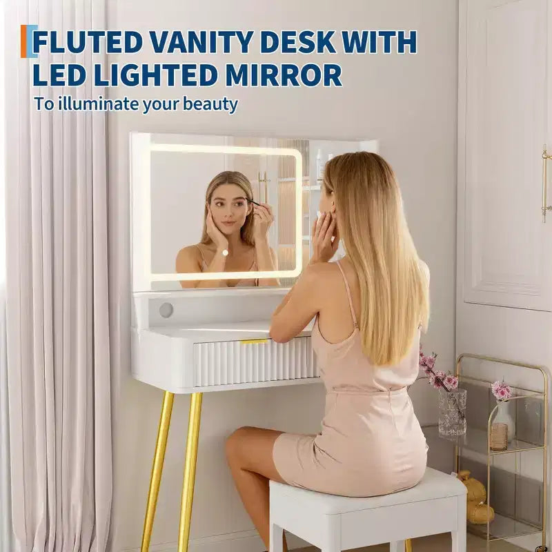 Coiffeuse de maquillage à LED de 31,5 pouces avec miroir et 2 tiroirs pour le rangement et l'organisation de la chambre