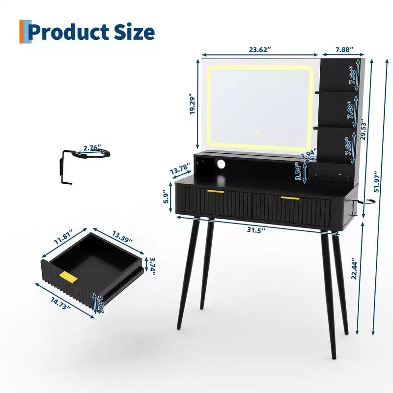 Coiffeuse de maquillage à LED de 31,5 pouces avec miroir et 2 tiroirs pour le rangement et l'organisation de la chambre