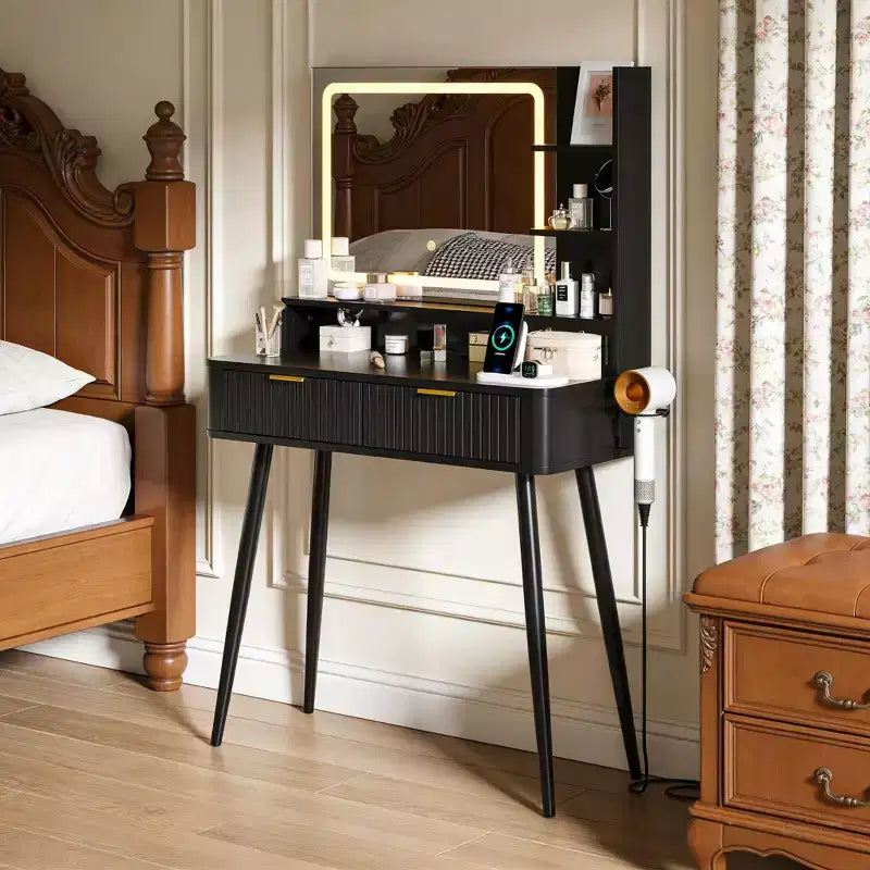 31.5 LED Makeup Vanity Desk with Mirror and 2 Drawers for Bedroom Storage and Organization