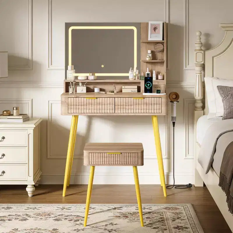 Coiffeuse de maquillage à LED de 31,5 pouces avec miroir et 2 tiroirs pour le rangement et l'organisation de la chambre