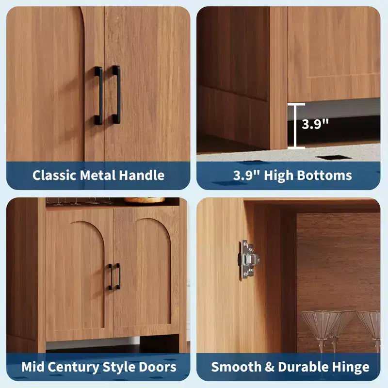 Armoire de rangement arquée haute de 71 po avec étagères ouvertes et portes, bibliothèque moderne à 5 niveaux pour salle à manger, cuisine ou salon - Marron