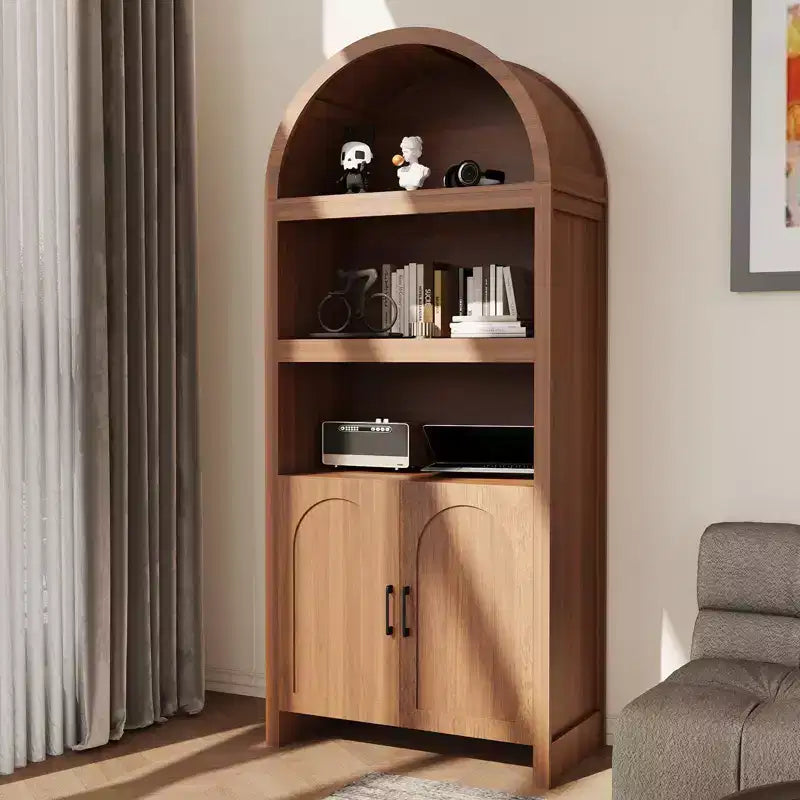 Armoire de rangement arquée haute de 71 po avec étagères ouvertes et portes, bibliothèque moderne à 5 niveaux pour salle à manger, cuisine ou salon - Marron