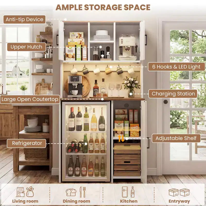 Armoire de cuisine avec espace pour mini-réfrigérateur, meuble bar à café avec étagère de rangement