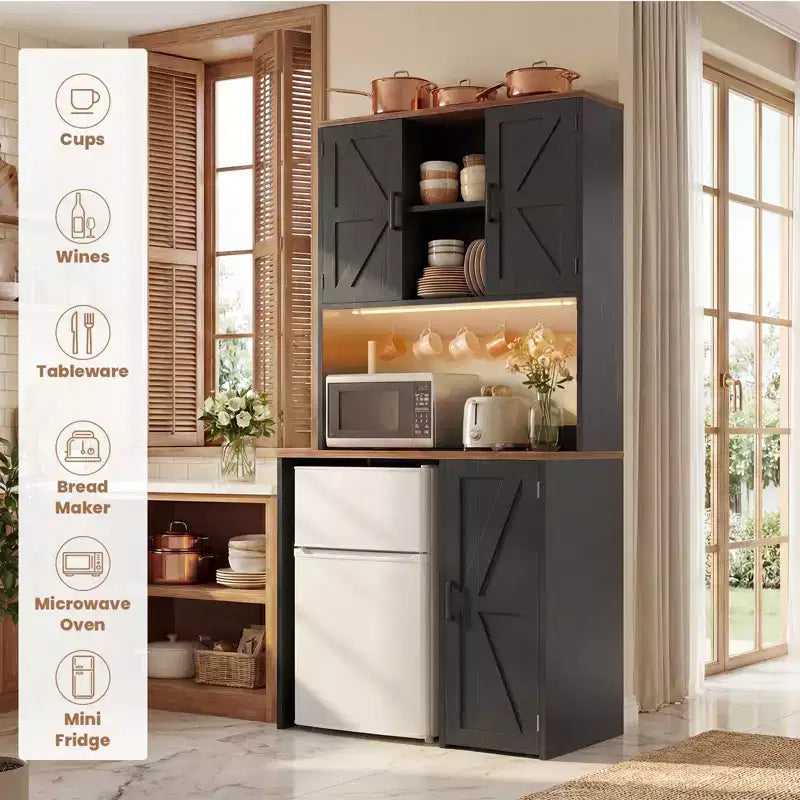 Armoire de cuisine avec espace pour mini-réfrigérateur, meuble bar à café avec étagère de rangement