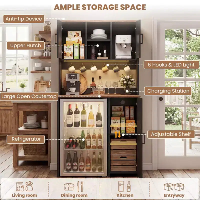 Armoire de cuisine avec espace pour mini-réfrigérateur, meuble bar à café avec étagère de rangement