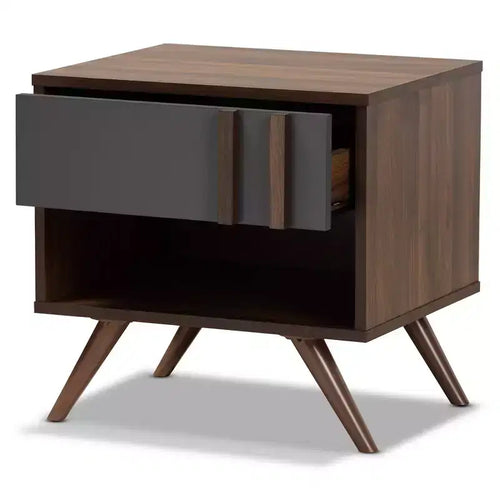 Table de chevet en bois bicolore 1 tiroir gris/noyer, rangement de chevet, pieds évasés, design rétro
