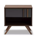 Table de chevet en bois bicolore 1 tiroir gris/noyer, rangement de chevet, pieds évasés, design rétro