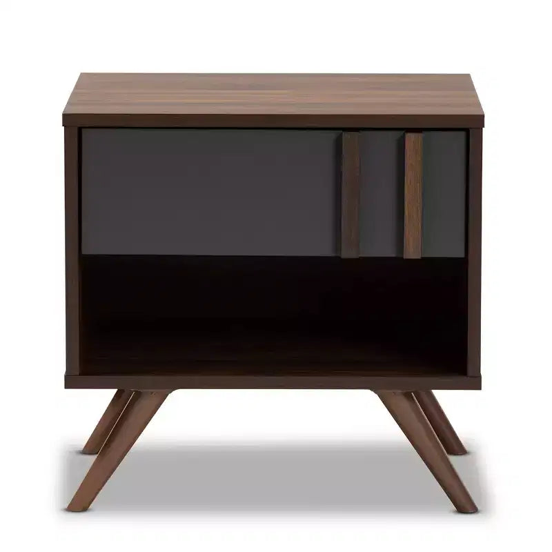 Table de chevet en bois bicolore 1 tiroir gris/noyer, rangement de chevet, pieds évasés, design rétro