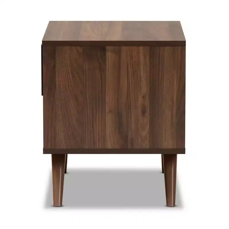 Table de chevet en bois bicolore 1 tiroir gris/noyer, rangement de chevet, pieds évasés, design rétro