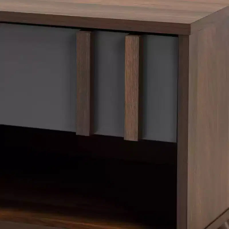 Table de chevet en bois bicolore 1 tiroir gris/noyer, rangement de chevet, pieds évasés, design rétro