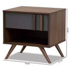 Table de chevet en bois bicolore 1 tiroir gris/noyer, rangement de chevet, pieds évasés, design rétro