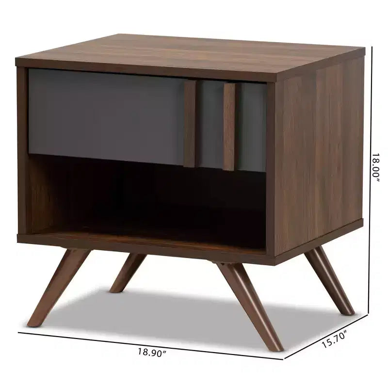 Table de chevet en bois bicolore 1 tiroir gris/noyer, rangement de chevet, pieds évasés, design rétro